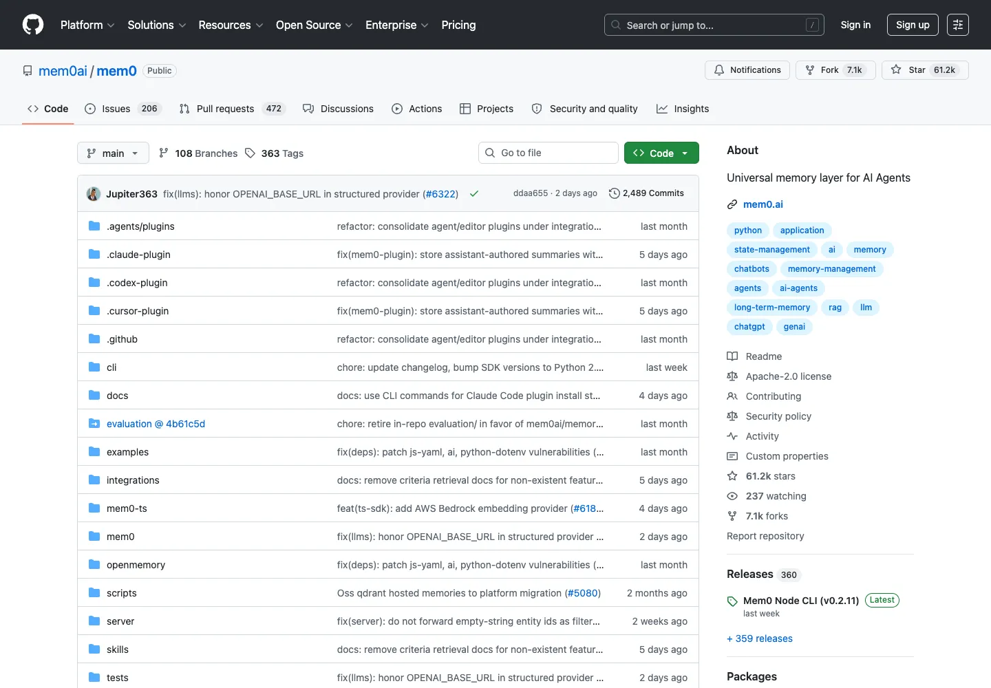 Mem0 GitHub 页面