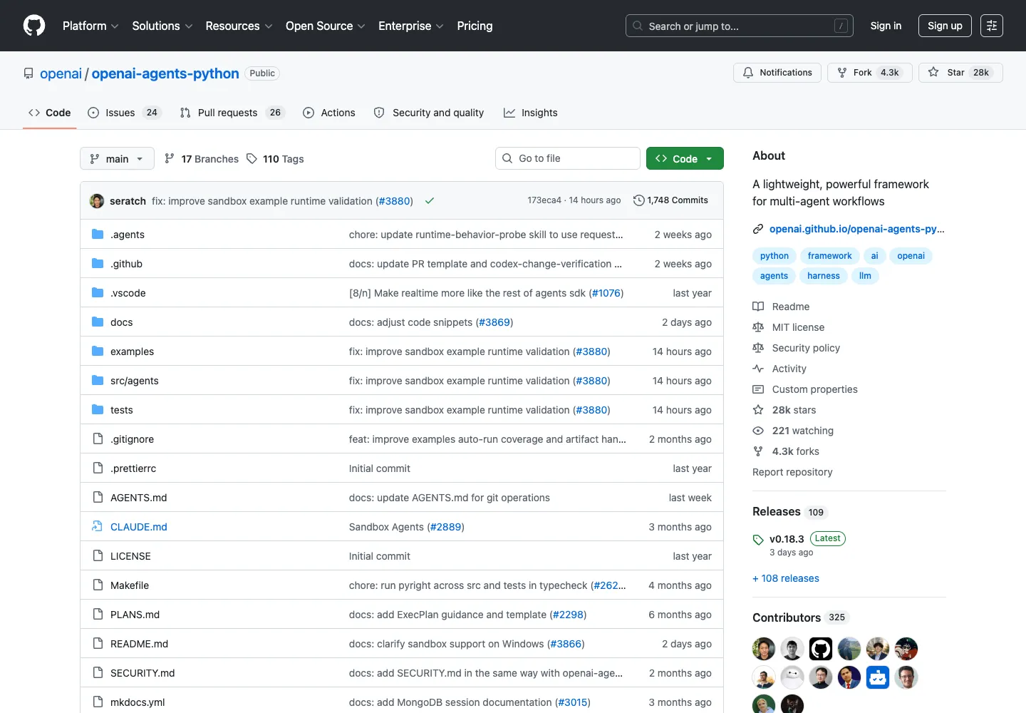 OpenAI Agents SDK 仓库页面