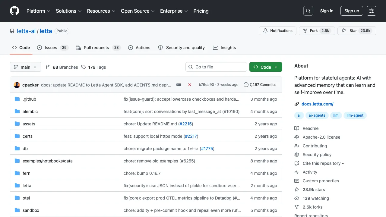 Letta GitHub 页面