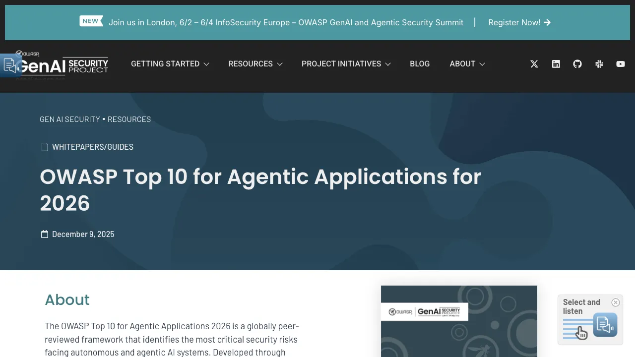 OWASP Agentic Applications Top 10 官方页面