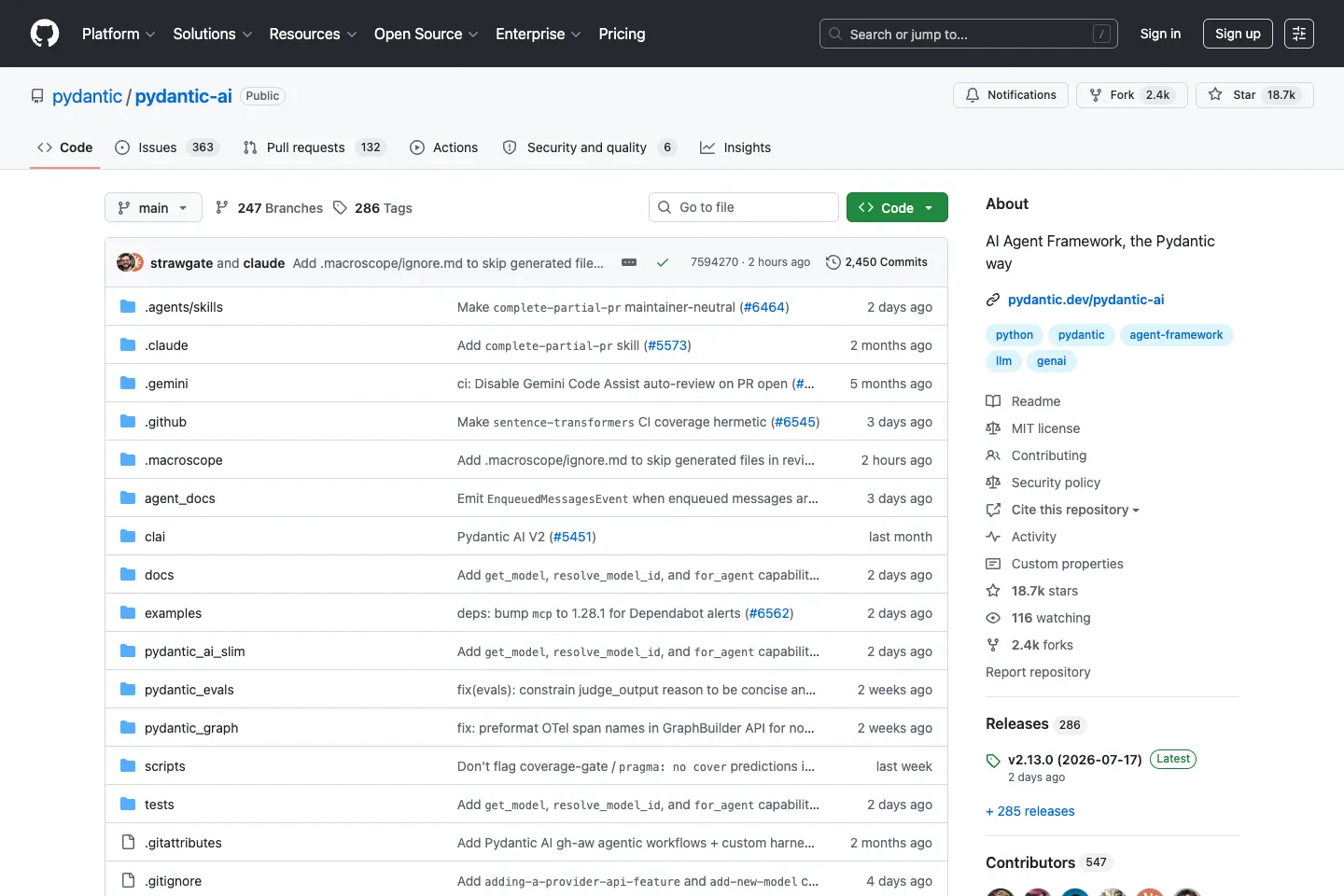 PydanticAI GitHub 页面