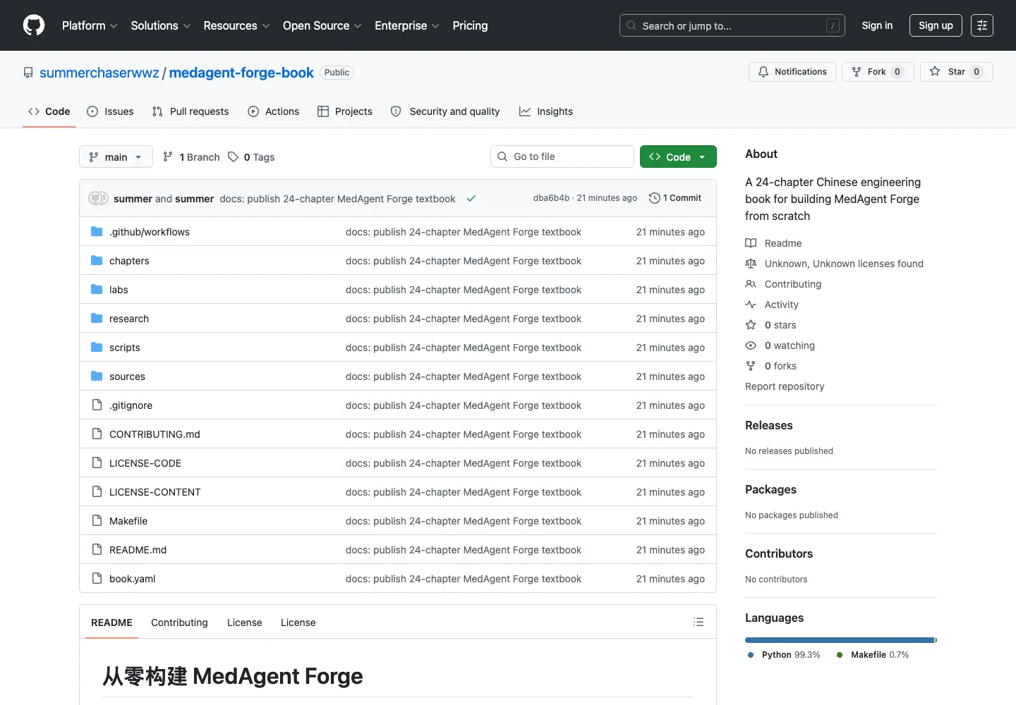 GitHub 上的 MedAgent Forge Book 公开仓库，显示 chapters、labs、research 和 README 入口