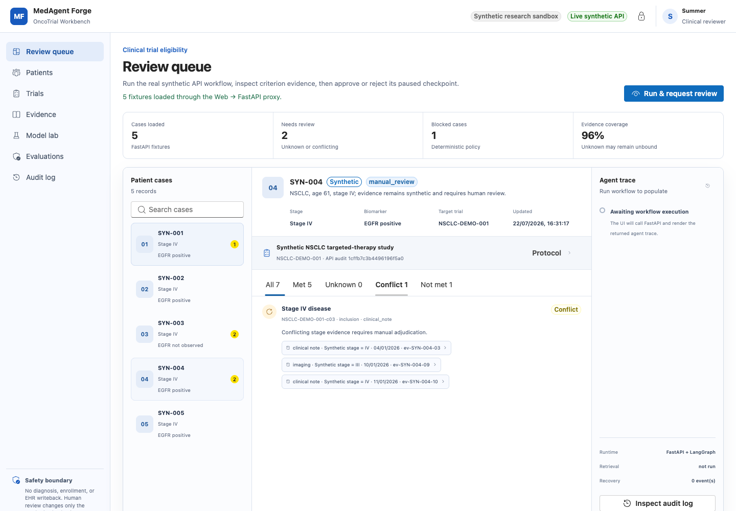MedAgent Forge 标准冲突与证据核对界面
